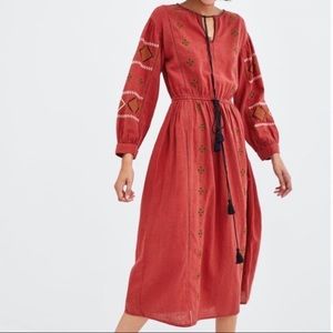 Zara TRF Red Embroidered Tassel Boho Midi Dress L